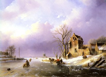 Paisajes Painting - Paisaje invernal con figuras sobre un río helado Jan Jacob Coenraad Spohler